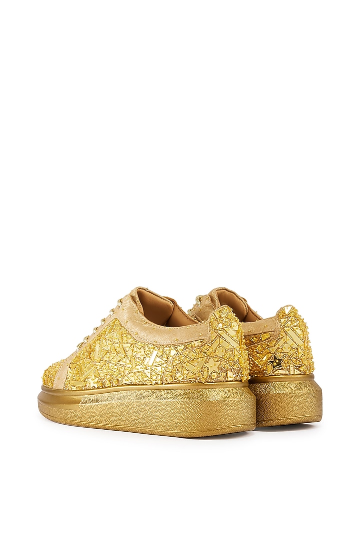 Gold Foiled Milano Satin Cutdana Hand Embroidered Sneakers by Anaar at Pernia's Pop Up Shop