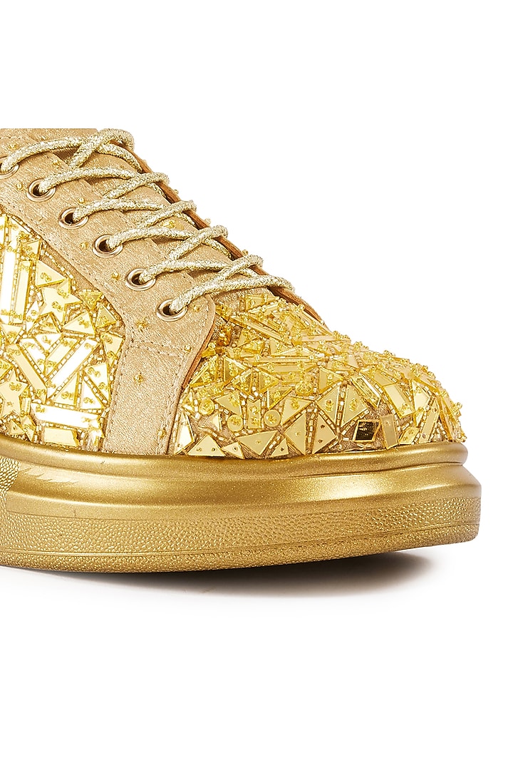 Gold Foiled Milano Satin Cutdana Hand Embroidered Sneakers by Anaar at Pernia's Pop Up Shop