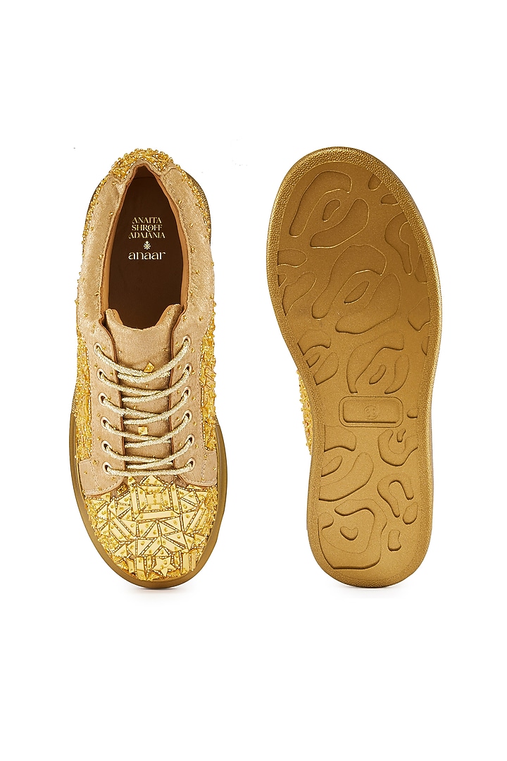 Gold Foiled Milano Satin Cutdana Hand Embroidered Sneakers by Anaar at Pernia's Pop Up Shop