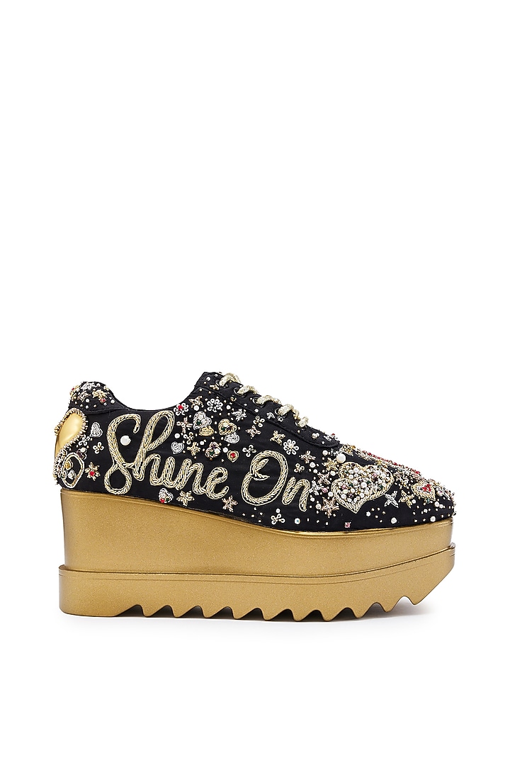 Black Satin Zardosi Hand Embroidered Wedge Sneakers by Anaar at Pernia's Pop Up Shop