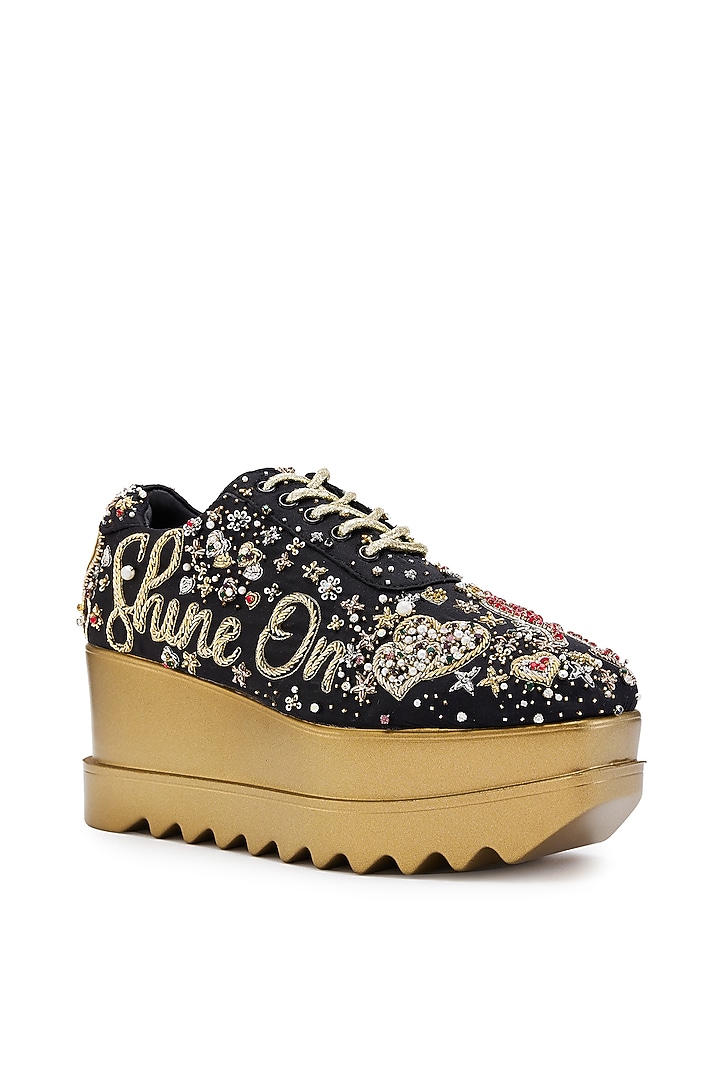 Black Satin Zardosi Hand Embroidered Wedge Sneakers by Anaar at Pernia's Pop Up Shop