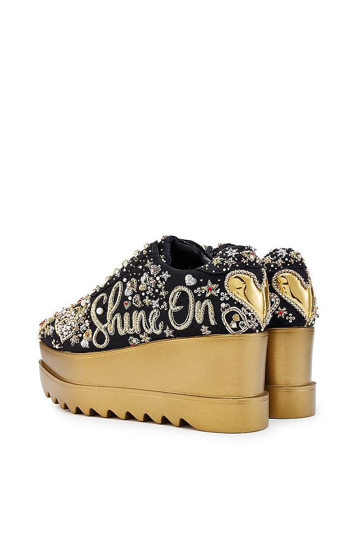 Black Satin Zardosi Hand Embroidered Wedge Sneakers by Anaar at Pernia's Pop Up Shop