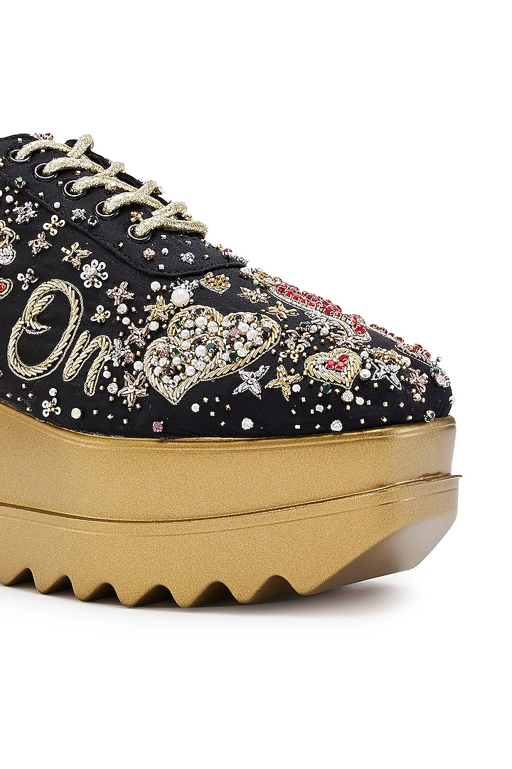 Black Satin Zardosi Hand Embroidered Wedge Sneakers by Anaar at Pernia's Pop Up Shop