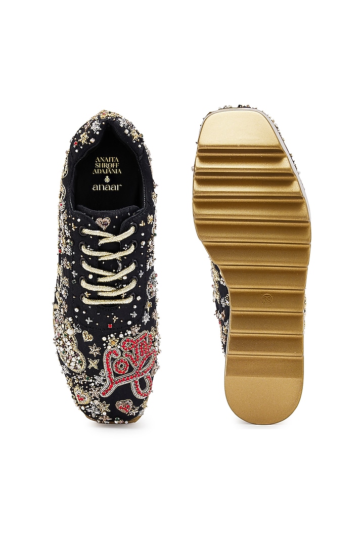 Black Satin Zardosi Hand Embroidered Wedge Sneakers by Anaar at Pernia's Pop Up Shop
