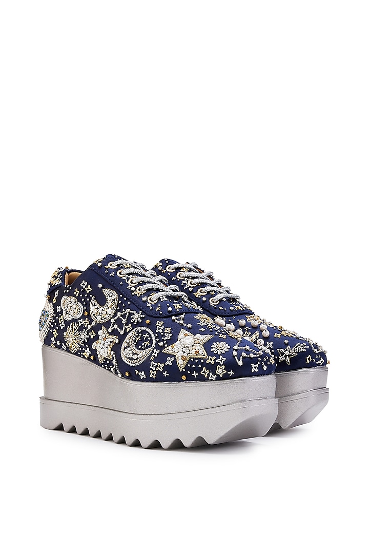 Navy Blue Satin Cutdana Hand Embroidered Wedge Sneakers by Anaar at Pernia's Pop Up Shop