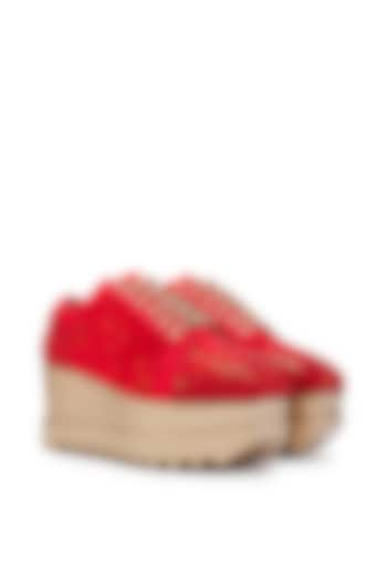 Red Satin Cutdana Hand Embroidered Wedge Sneakers by Anaar at Pernia's Pop Up Shop