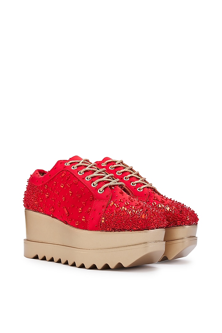 Red Satin Cutdana Hand Embroidered Wedge Sneakers by Anaar at Pernia's Pop Up Shop