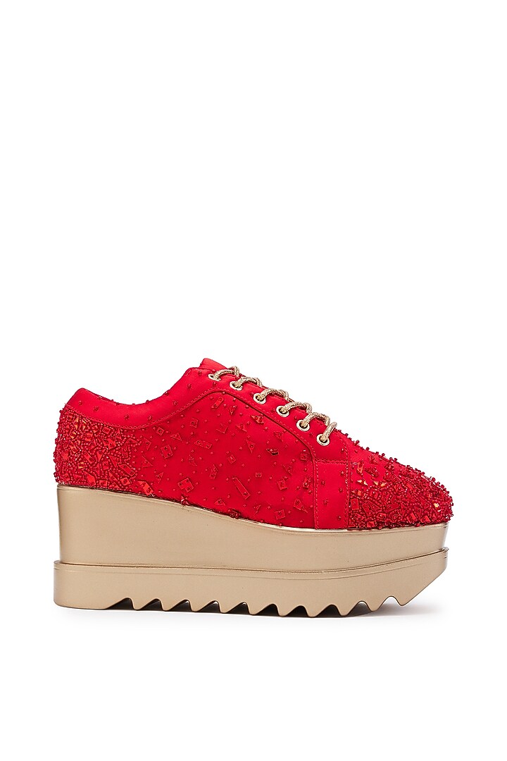 Red Satin Cutdana Hand Embroidered Wedge Sneakers by Anaar at Pernia's Pop Up Shop