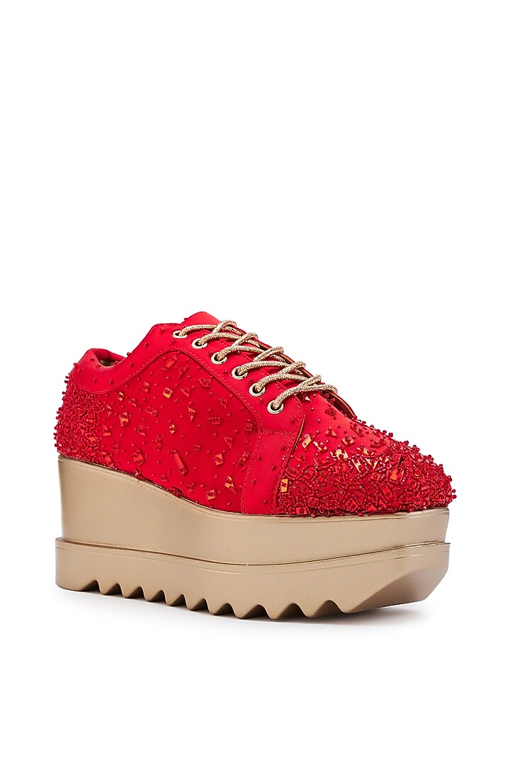 Red Satin Cutdana Hand Embroidered Wedge Sneakers by Anaar at Pernia's Pop Up Shop