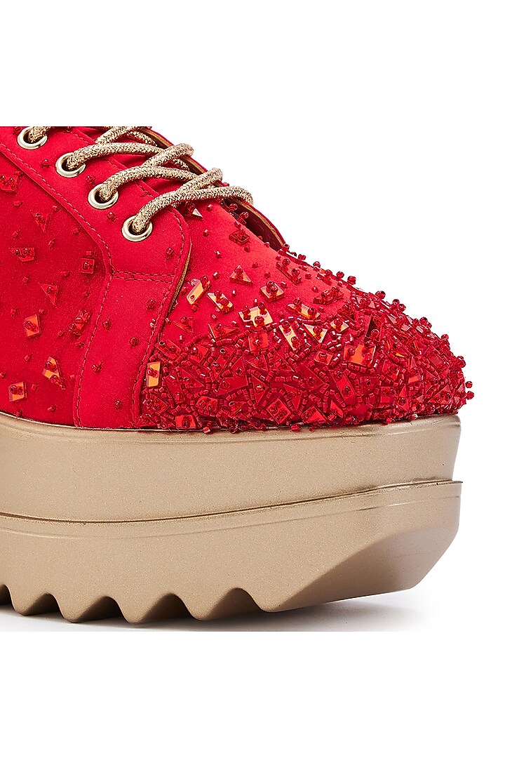 Red Satin Cutdana Hand Embroidered Wedge Sneakers by Anaar at Pernia's Pop Up Shop