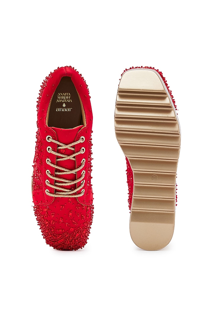 Red Satin Cutdana Hand Embroidered Wedge Sneakers by Anaar at Pernia's Pop Up Shop