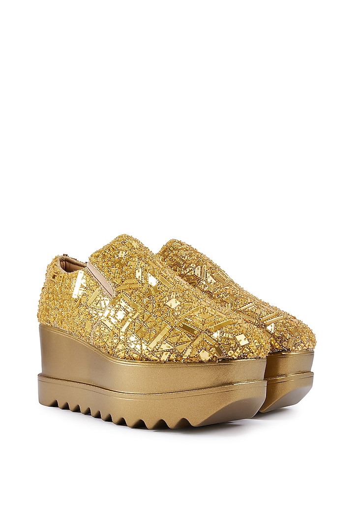 Gold Satin Cutdana Hand Embroidered Wedge Sneakers by Anaar at Pernia's Pop Up Shop