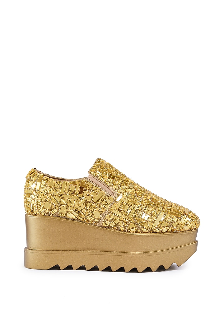 Gold Satin Cutdana Hand Embroidered Wedge Sneakers by Anaar at Pernia's Pop Up Shop