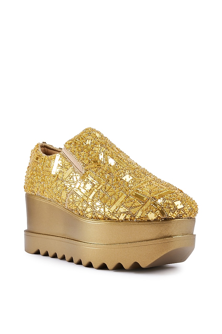 Gold Satin Cutdana Hand Embroidered Wedge Sneakers by Anaar at Pernia's Pop Up Shop