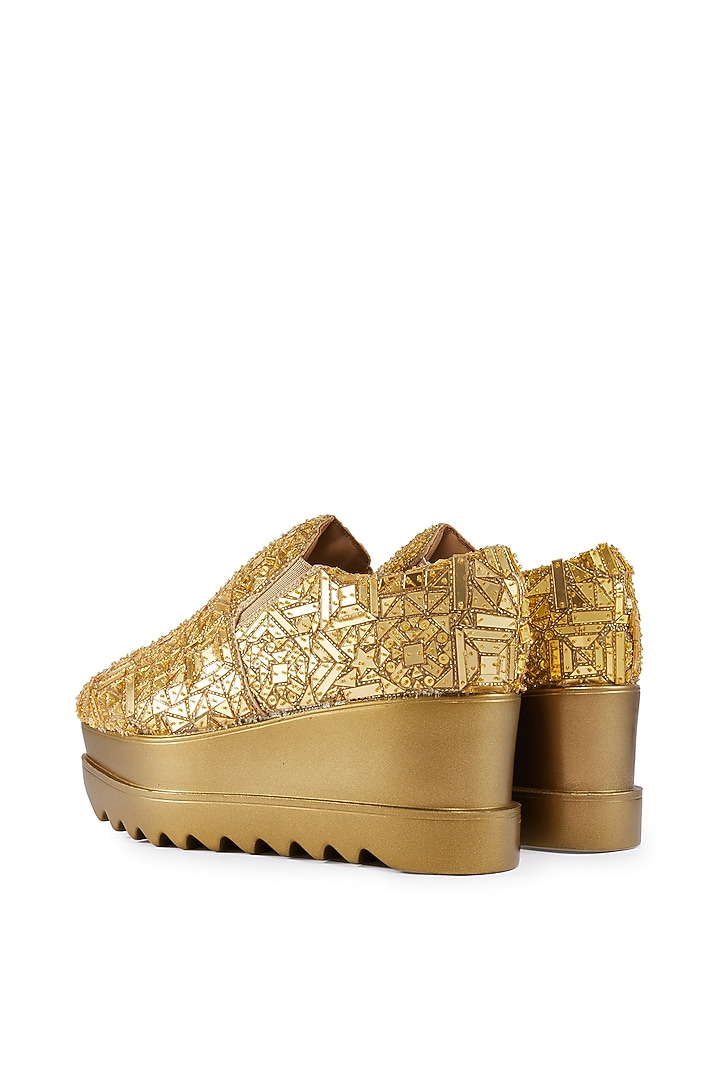 Gold Satin Cutdana Hand Embroidered Wedge Sneakers by Anaar at Pernia's Pop Up Shop
