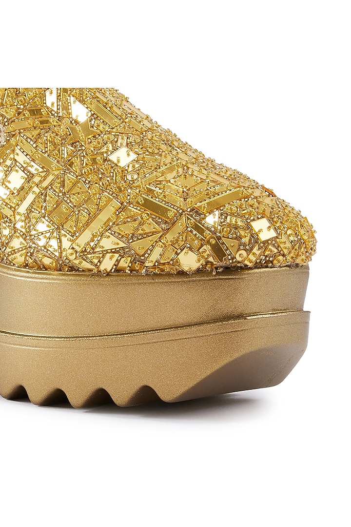 Gold Satin Cutdana Hand Embroidered Wedge Sneakers by Anaar at Pernia's Pop Up Shop
