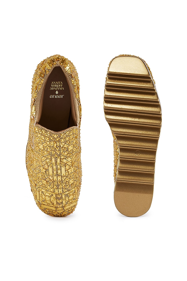 Gold Satin Cutdana Hand Embroidered Wedge Sneakers by Anaar at Pernia's Pop Up Shop