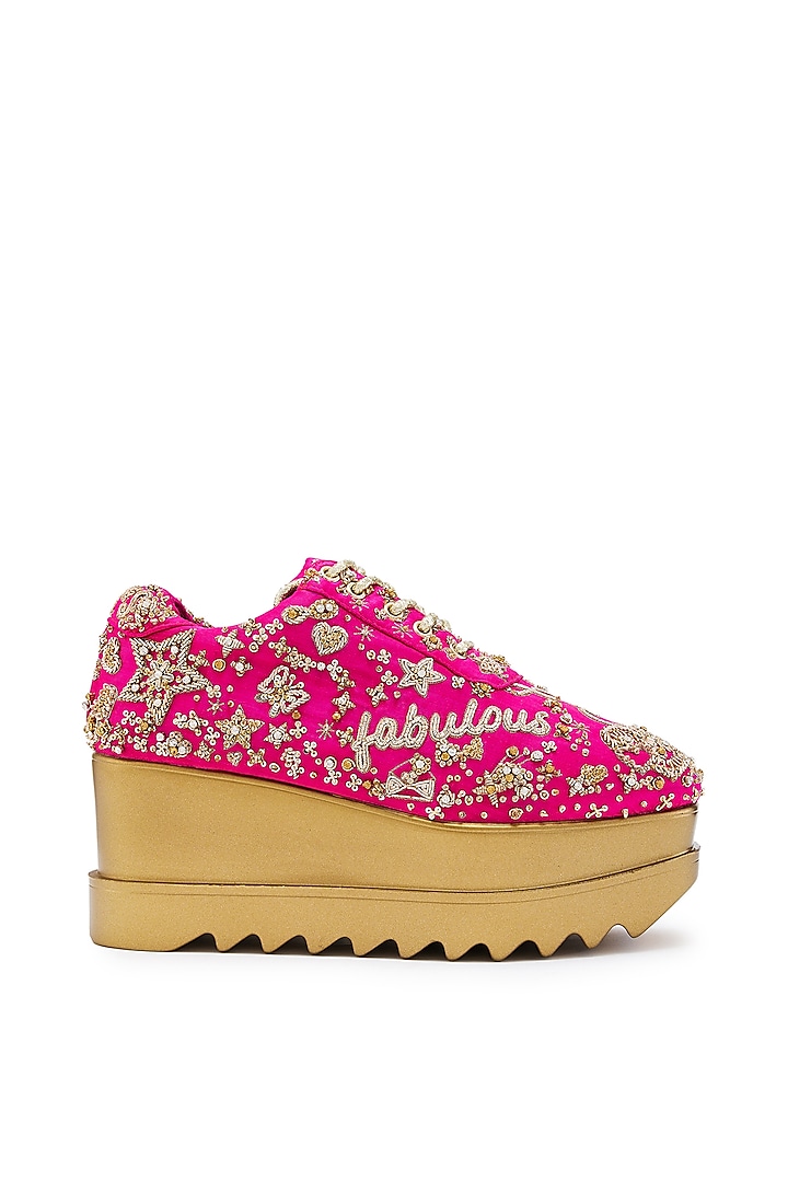 Fuchsia Satin Zari Hand Embroidered Wedge Sneakers by Anaar at Pernia's Pop Up Shop