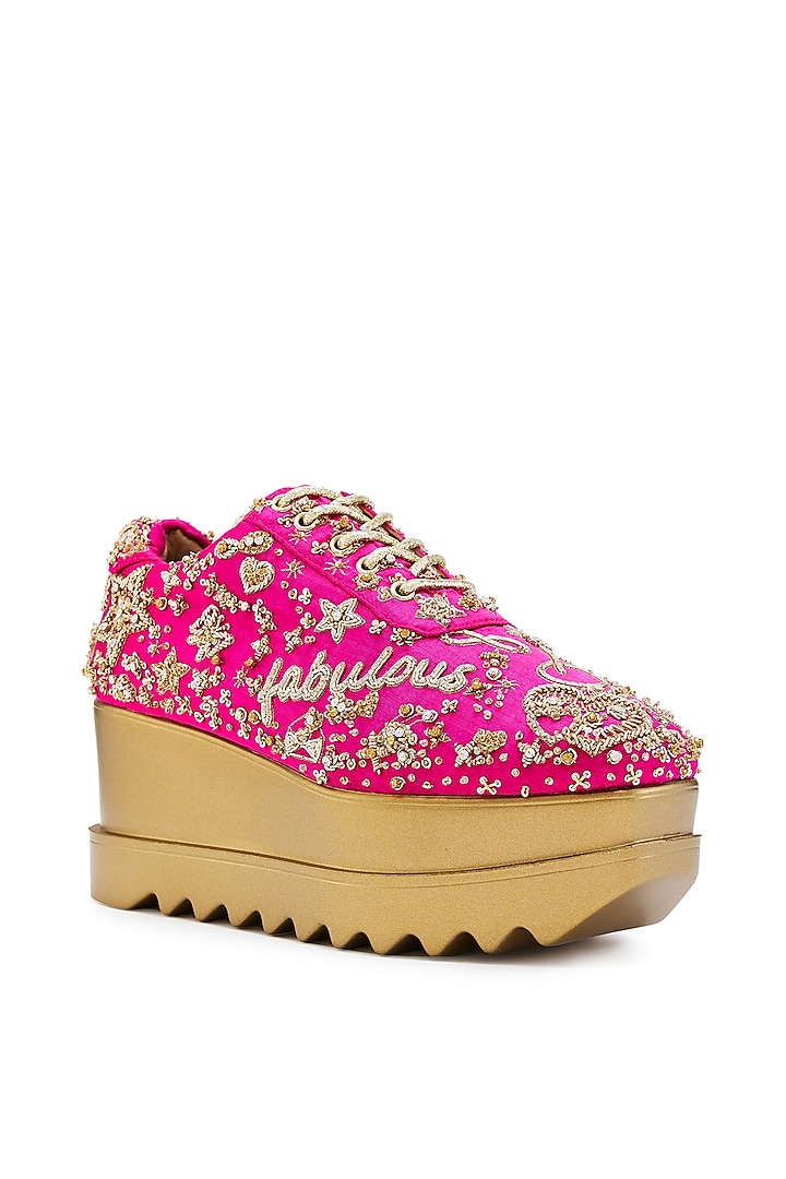 Fuchsia Satin Zari Hand Embroidered Wedge Sneakers by Anaar at Pernia's Pop Up Shop