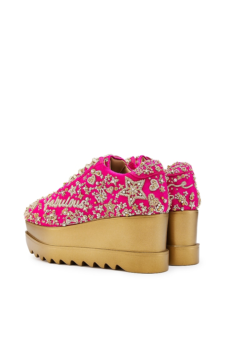 Fuchsia Satin Zari Hand Embroidered Wedge Sneakers by Anaar at Pernia's Pop Up Shop
