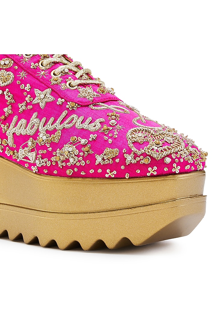 Fuchsia Satin Zari Hand Embroidered Wedge Sneakers by Anaar at Pernia's Pop Up Shop