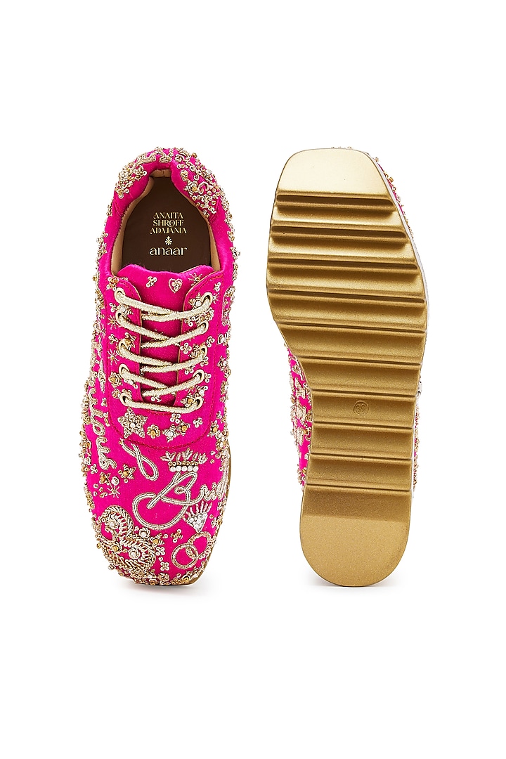 Fuchsia Satin Zari Hand Embroidered Wedge Sneakers by Anaar at Pernia's Pop Up Shop