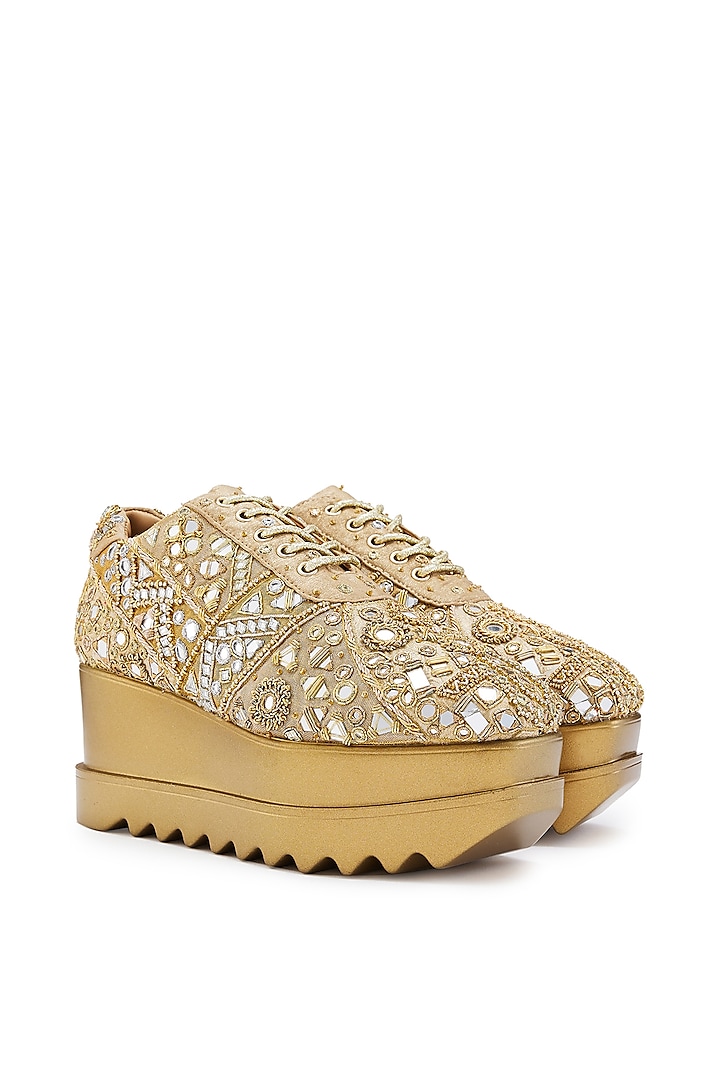 Gold Brocade Zardosi Hand Embroidered Wedge Sneakers by Anaar at Pernia's Pop Up Shop