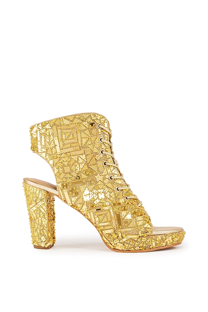 Gold Foiled Milano Satin Cutdana Hand Embroidered Peep-Toe Boots by Anaar at Pernia's Pop Up Shop