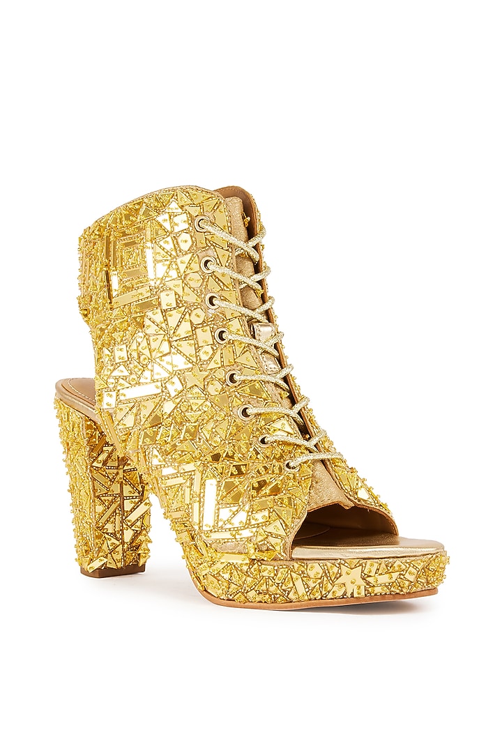 Gold Foiled Milano Satin Cutdana Hand Embroidered Peep-Toe Boots by Anaar at Pernia's Pop Up Shop