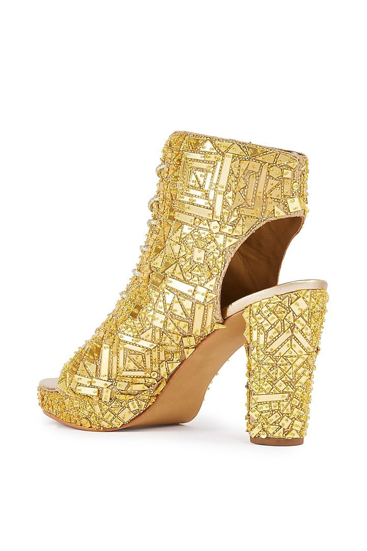 Gold Foiled Milano Satin Cutdana Hand Embroidered Peep-Toe Boots by Anaar at Pernia's Pop Up Shop
