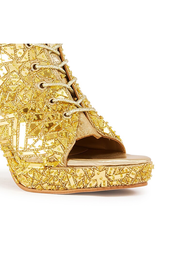 Gold Foiled Milano Satin Cutdana Hand Embroidered Peep-Toe Boots by Anaar at Pernia's Pop Up Shop