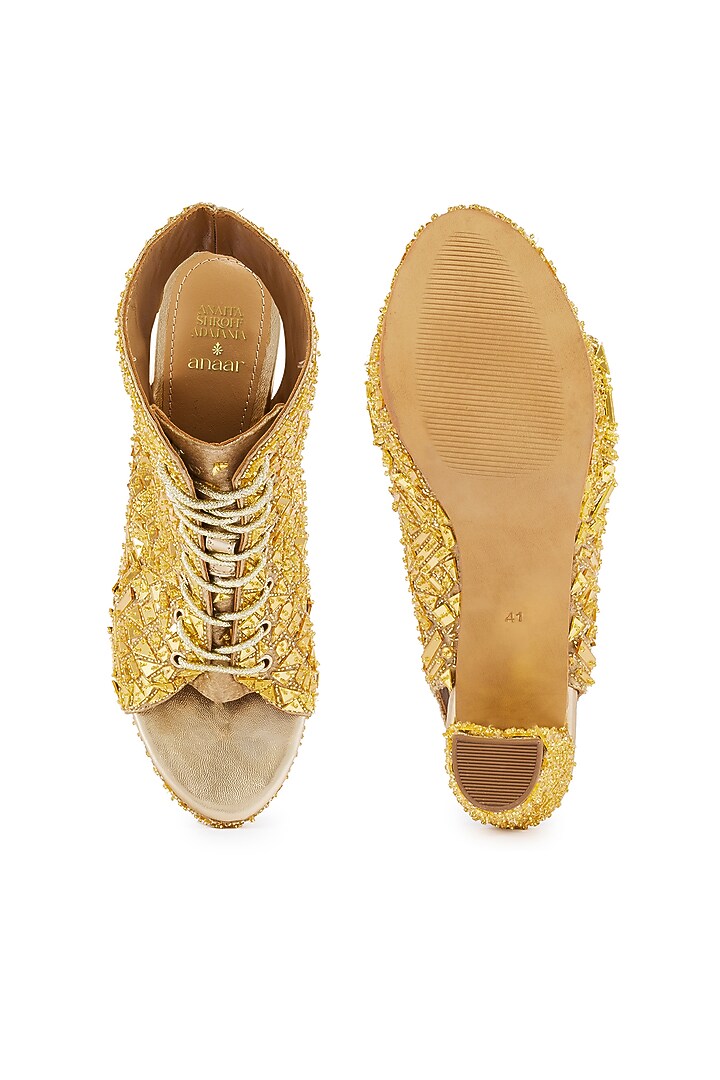 Gold Foiled Milano Satin Cutdana Hand Embroidered Peep-Toe Boots by Anaar at Pernia's Pop Up Shop