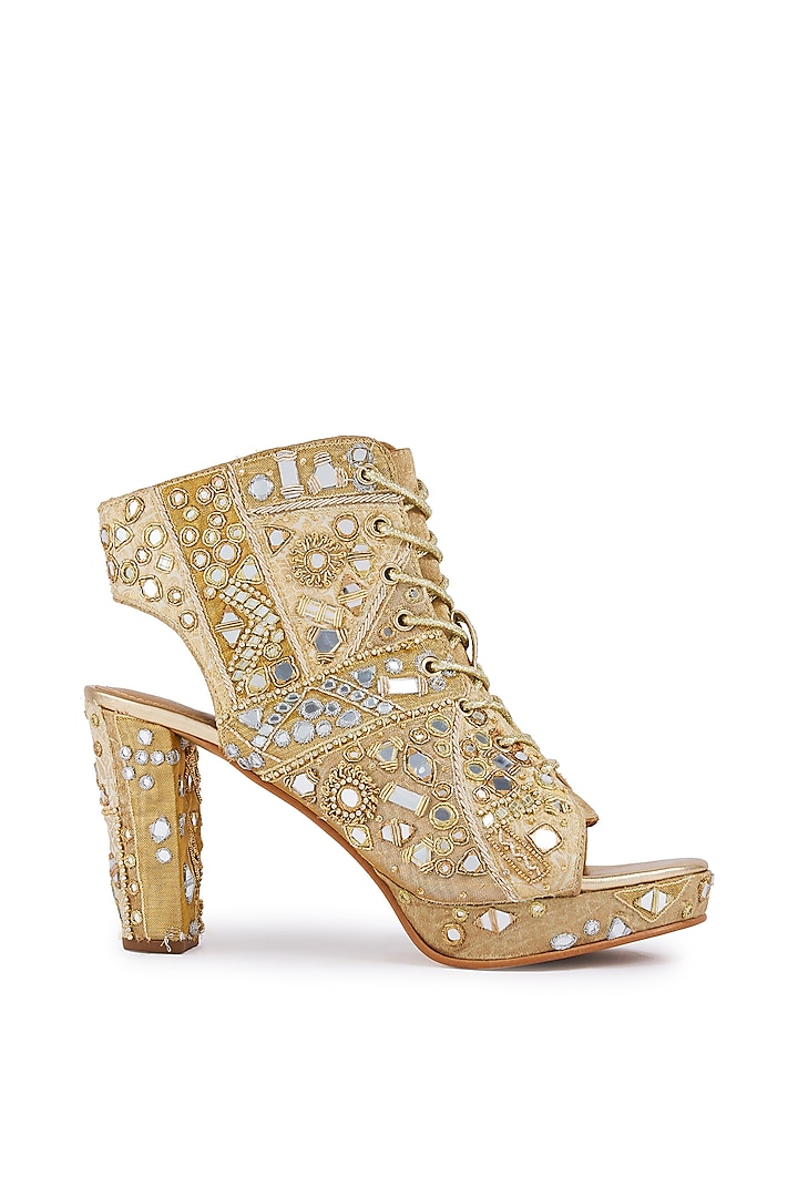 Gold Foiled Milano Satin Mirror Hand Embroidered Boots by Anaar at Pernia's Pop Up Shop