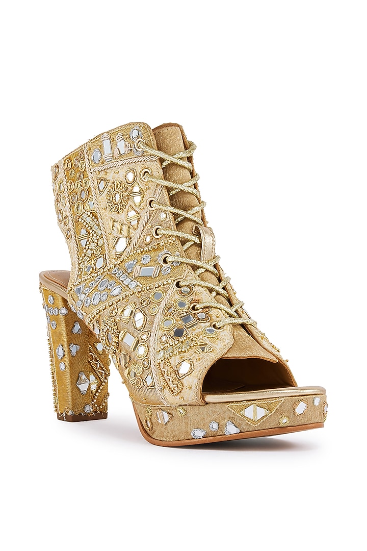 Gold Foiled Milano Satin Mirror Hand Embroidered Boots by Anaar at Pernia's Pop Up Shop