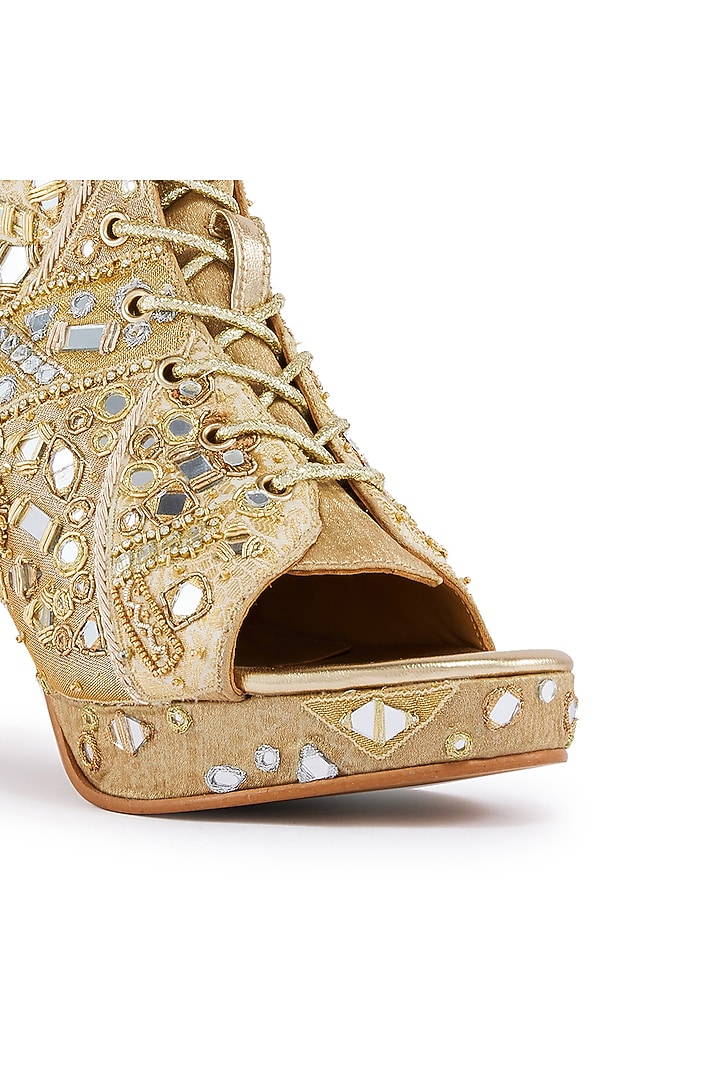Gold Foiled Milano Satin Mirror Hand Embroidered Boots by Anaar at Pernia's Pop Up Shop