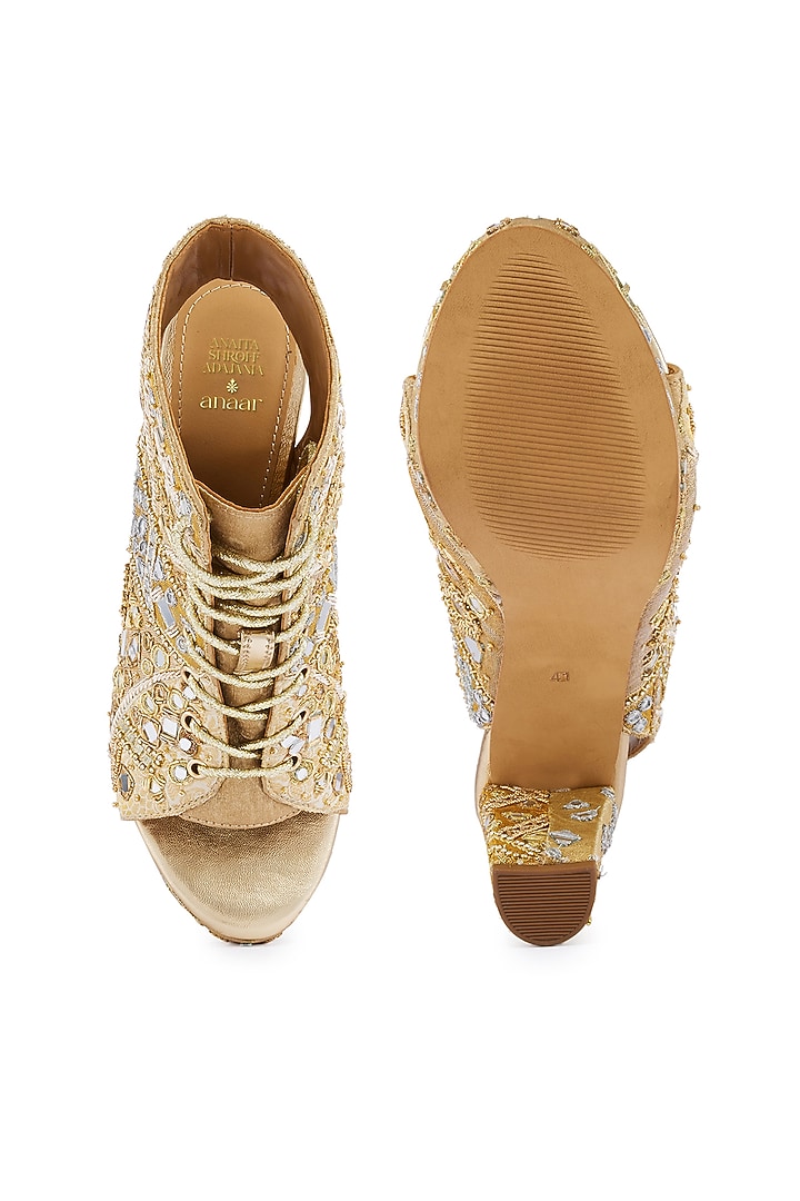 Gold Foiled Milano Satin Mirror Hand Embroidered Boots by Anaar at Pernia's Pop Up Shop