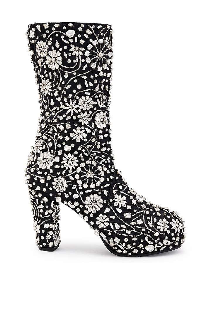 Black Satin Hand Embroidered Boots by Anaar at Pernia's Pop Up Shop