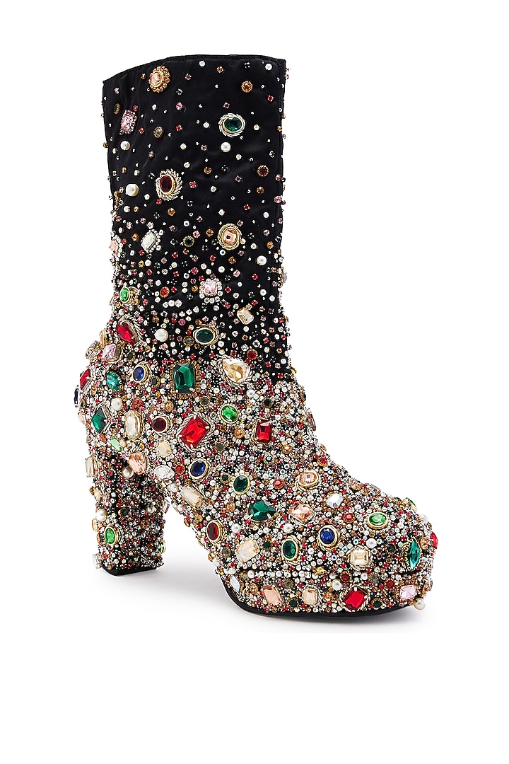 Black Satin Floral Motif Hand Embroidered Boots by Anaar at Pernia's Pop Up Shop