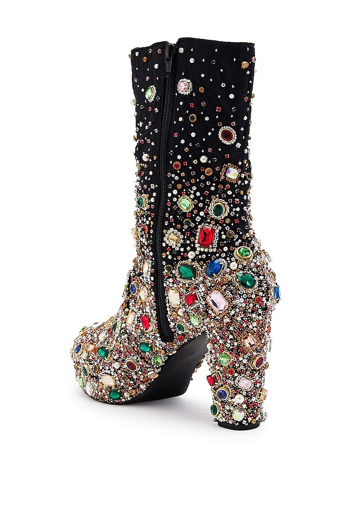 Black Satin Floral Motif Hand Embroidered Boots by Anaar at Pernia's Pop Up Shop