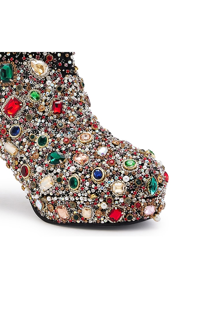 Black Satin Floral Motif Hand Embroidered Boots by Anaar at Pernia's Pop Up Shop