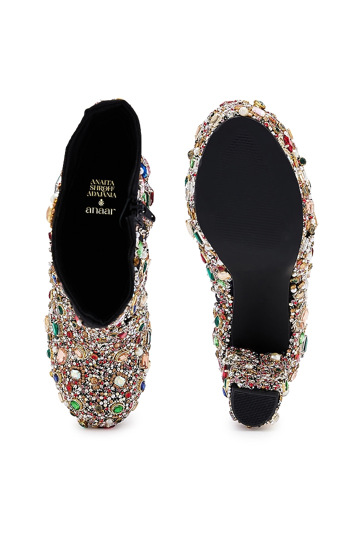 Black Satin Floral Motif Hand Embroidered Boots by Anaar at Pernia's Pop Up Shop