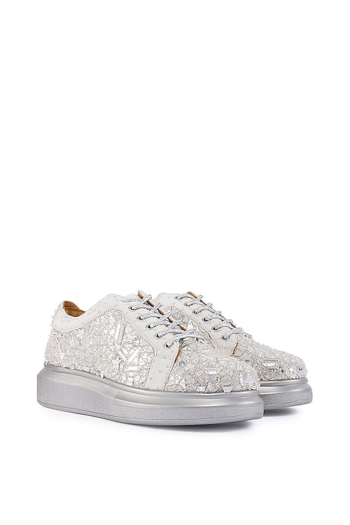 Silver Foiled Milano Satin Mirror Embroidered Sneakers by Anaar at Pernia's Pop Up Shop