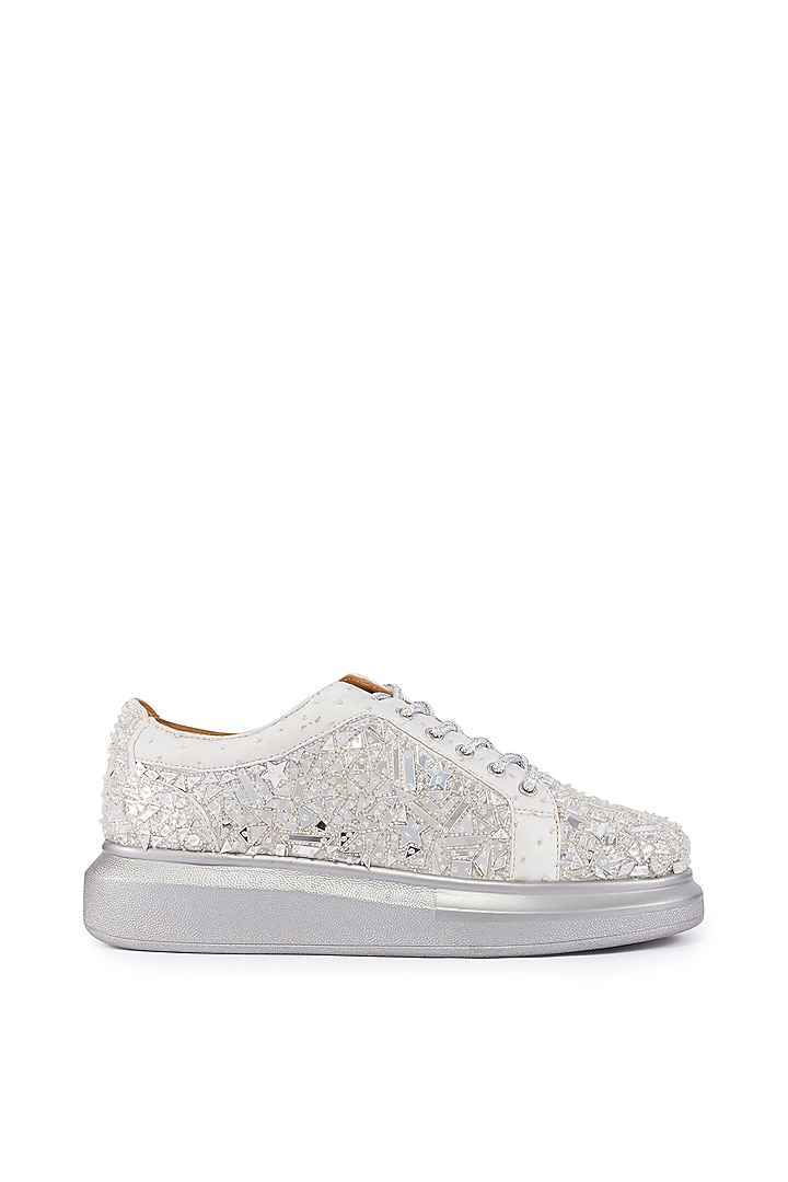 Silver Foiled Milano Satin Mirror Embroidered Sneakers by Anaar at Pernia's Pop Up Shop