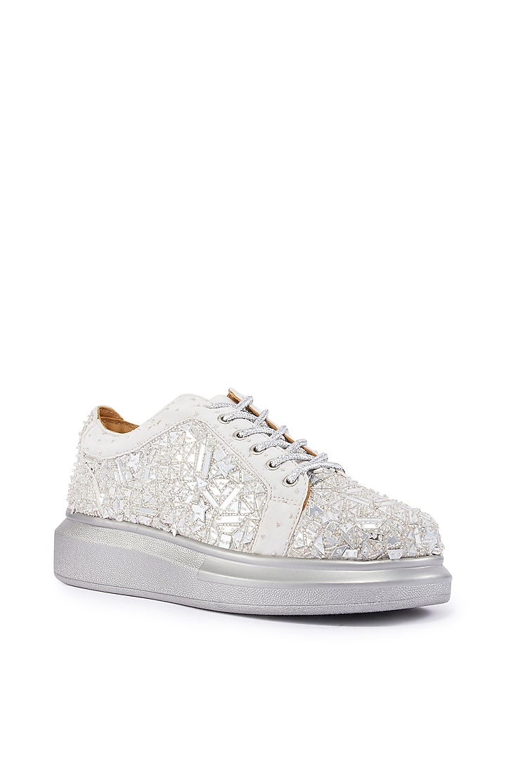 Silver Foiled Milano Satin Mirror Embroidered Sneakers by Anaar at Pernia's Pop Up Shop