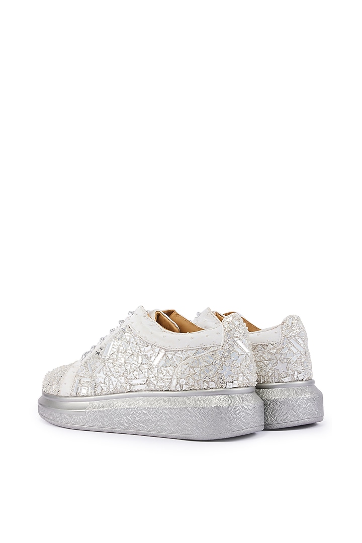 Silver Foiled Milano Satin Mirror Embroidered Sneakers by Anaar at Pernia's Pop Up Shop