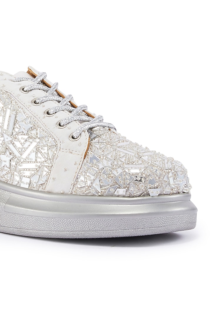 Silver Foiled Milano Satin Mirror Embroidered Sneakers by Anaar at Pernia's Pop Up Shop