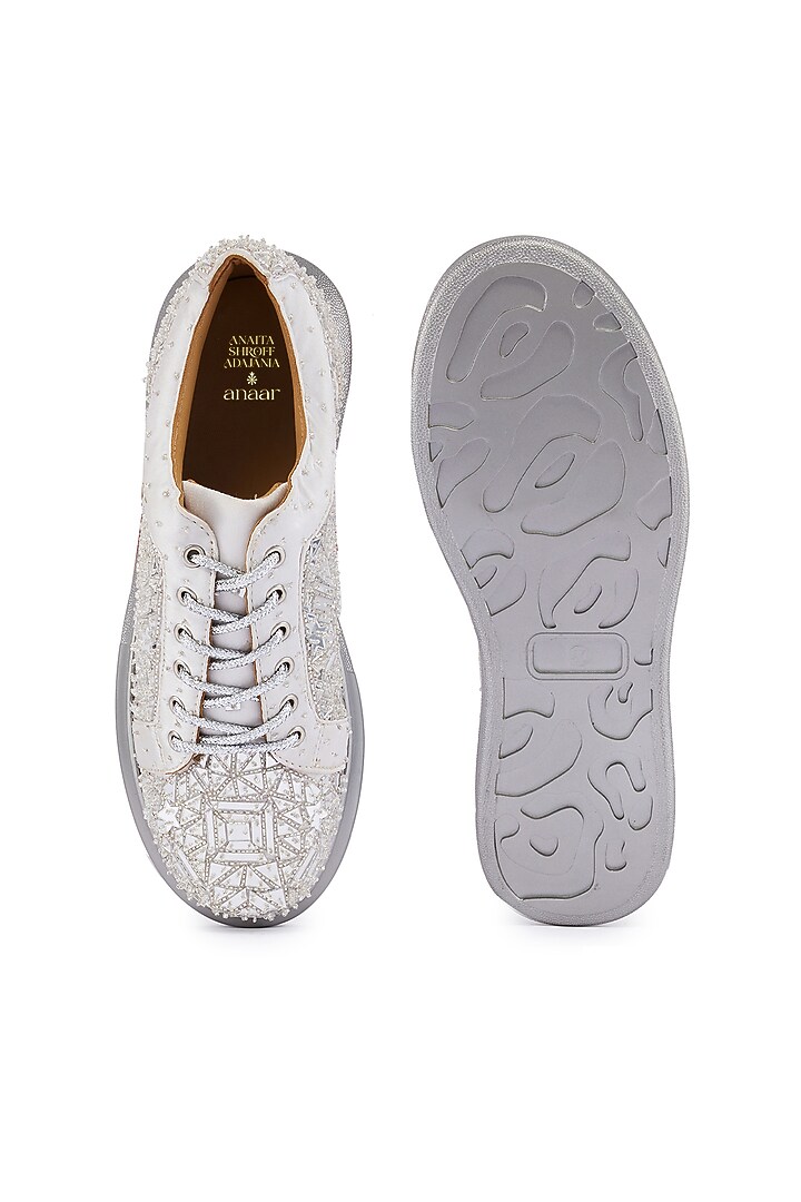 Silver Foiled Milano Satin Mirror Embroidered Sneakers by Anaar at Pernia's Pop Up Shop