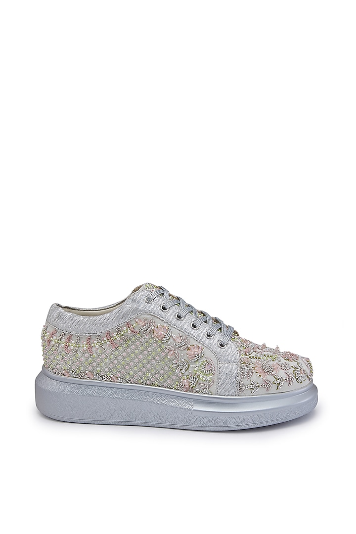 Green Satin Zardosi Hand Embroidered Sneakers by Anaar at Pernia's Pop Up Shop