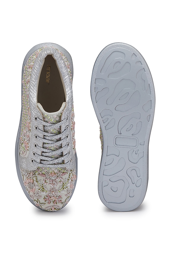 Green Satin Zardosi Hand Embroidered Sneakers by Anaar at Pernia's Pop Up Shop
