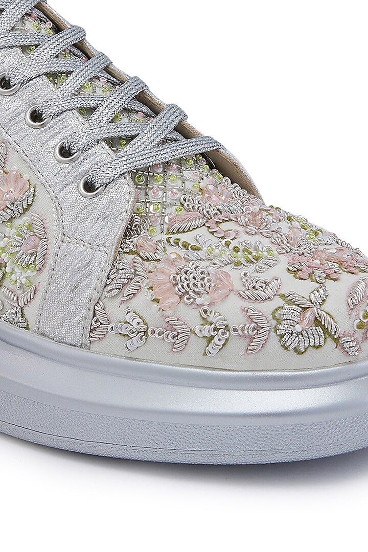 Green Satin Zardosi Hand Embroidered Sneakers by Anaar at Pernia's Pop Up Shop